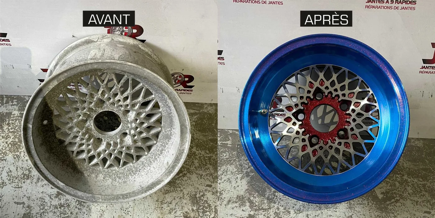 Jante BBS oxydée avant / après, refaite en bleu par J9R