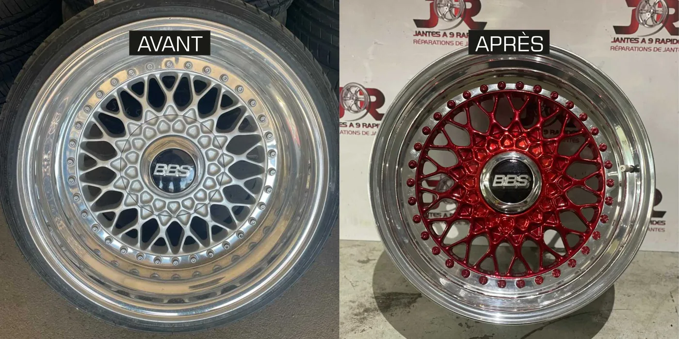Jante BBS RS avant / après, repeinte en rouge par J9R